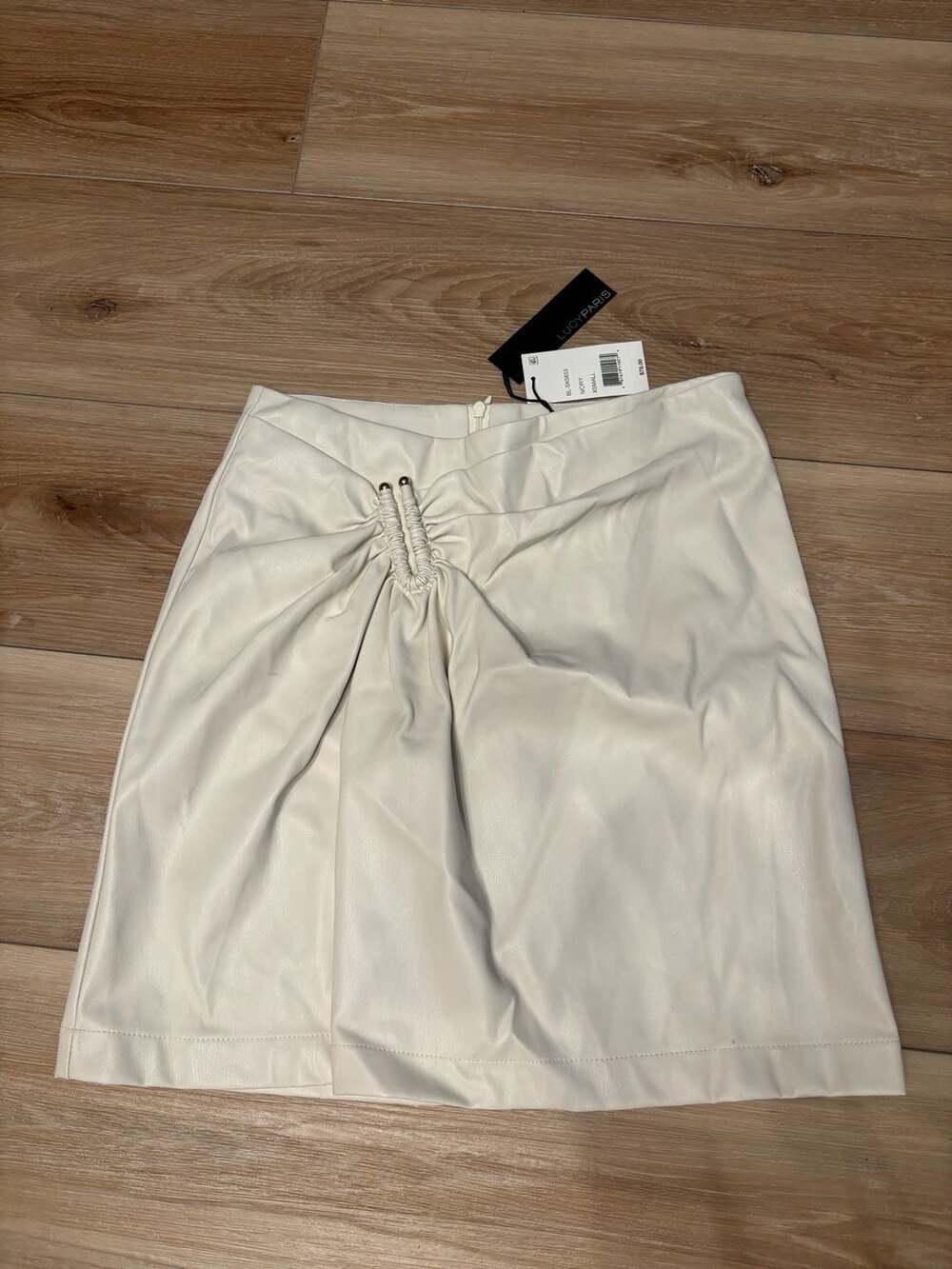NWT Lucy Paris Faux Leather Ruched Mini Skirt in Ivory